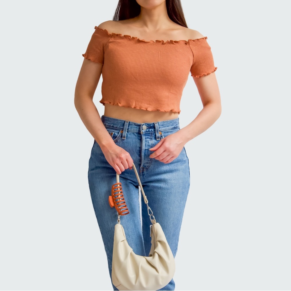 Ribbed Lettuce Crop Top - Apricot